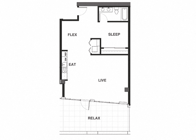 Floor plan for 1 bed, 1 bath, 849 sqft