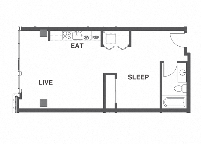 Floor plan for studio, 1 bath, 592 sqft