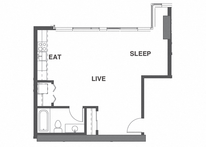 Floor plan for studio, 1 bath, 567 sqft