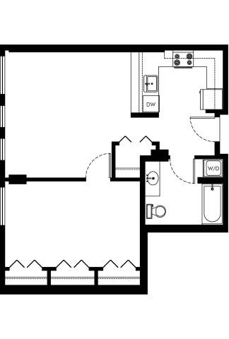 Floor plan for 1 bed, 1 bath, 685 sqft