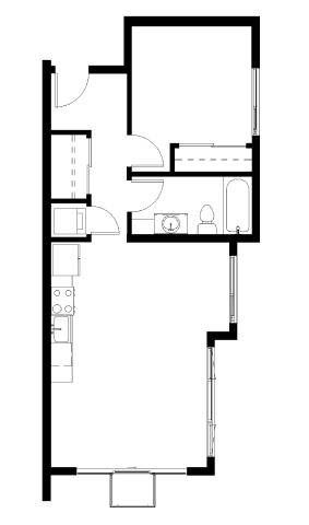 Floor plan for 1 bed, 1 bath, 617 sqft