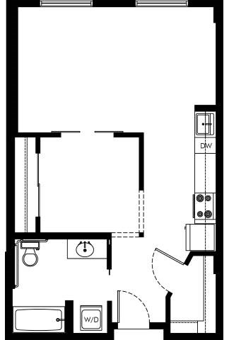 Floor plan for 1 bed, 1 bath, 660 sqft