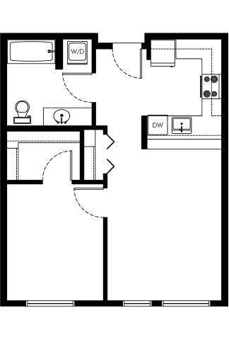 Floor plan for 1 bed, 1 bath, 581 sqft