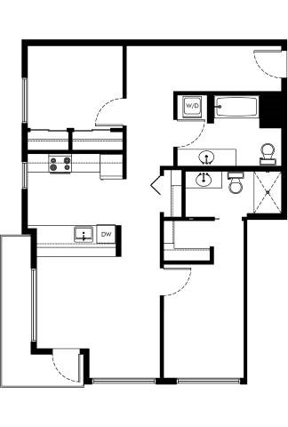 Floor plan for 2 beds, 2 baths, 886 sqft