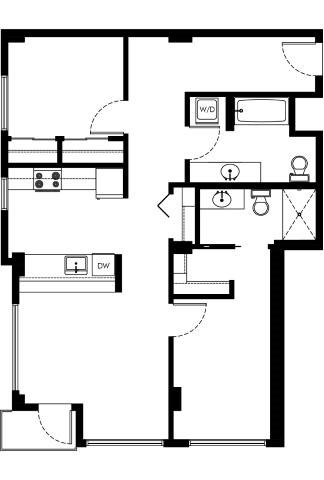 Floor plan for 2 beds, 2 baths, 897 sqft