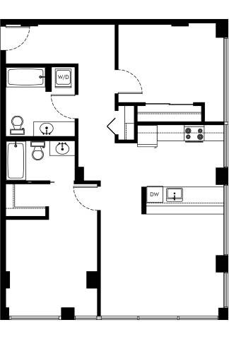 Floor plan for 2 beds, 2 baths, 988 sqft