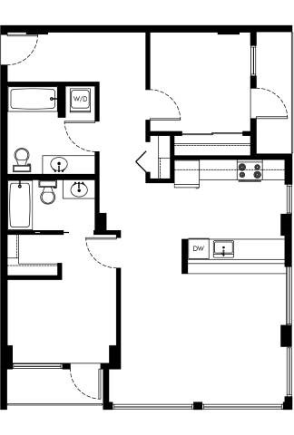 Floor plan for 2 beds, 2 baths, 931 sqft