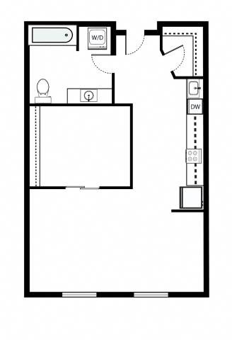 Floor plan for 1 bed, 1 bath, 586 sqft