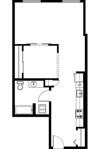 Floor plan for 1 bed, 1 bath, 683 sqft
