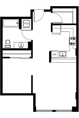 Floor plan for 1 bed, 1 bath, 594 sqft