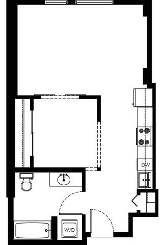 Floor plan for 1 bed, 1 bath, 537 sqft