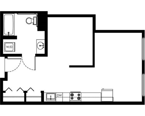 Floor plan for studio, 1 bath, 584 sqft