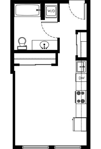 Floor plan for studio, 1 bath, 414 sqft