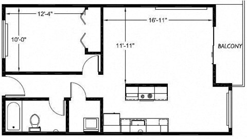 Floor plan for 1 bed, 1 bath, 768 sqft