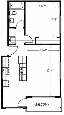 Floor plan for 1 bed, 1 bath, 651 sqft