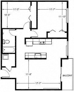 Floor plan for 2 beds, 1 bath, 889 sqft