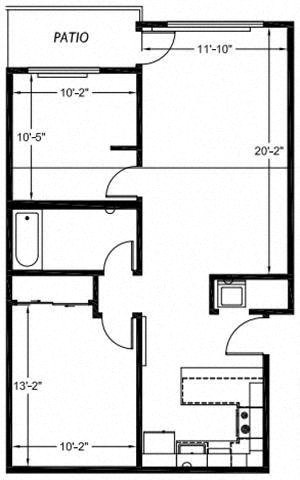 Floor plan for 2 beds, 1 bath, 793 sqft