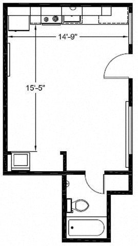 Floor plan for studio, 1 bath, 380 sqft