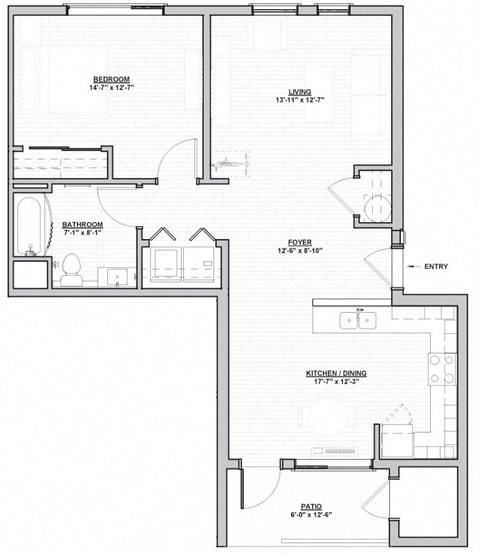 Floor plan for 1 bed, 1 bath, 795 sqft