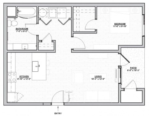 Floor plan for 1 bed, 1 bath, 693 sqft