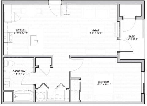 Floor plan for 1 bed, 1 bath, 716 sqft