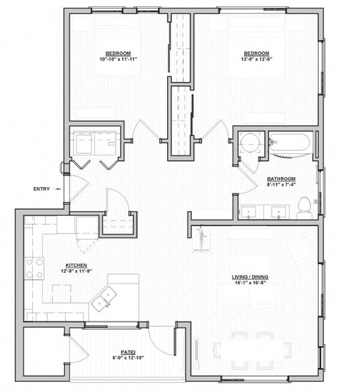 Floor plan for 2 beds, 1 bath, 1036 sqft
