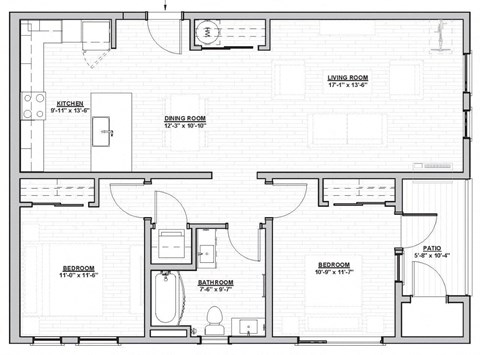 Floor plan for 2 beds, 1 bath, 970 sqft