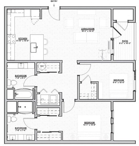 Floor plan for 2 beds, 2 baths, 1017 sqft