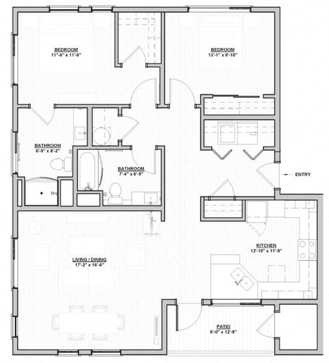 Floor plan for 2 beds, 2 baths, 1110 sqft