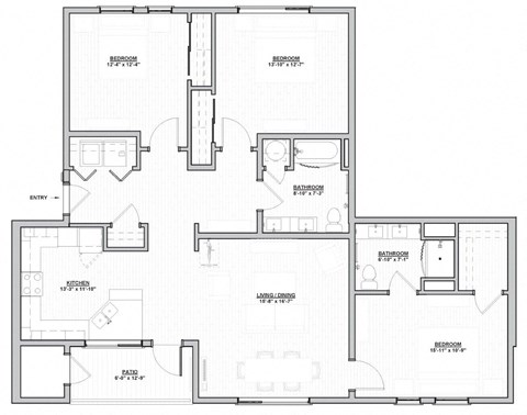 Floor plan for 3 beds, 2 baths, 1383 sqft