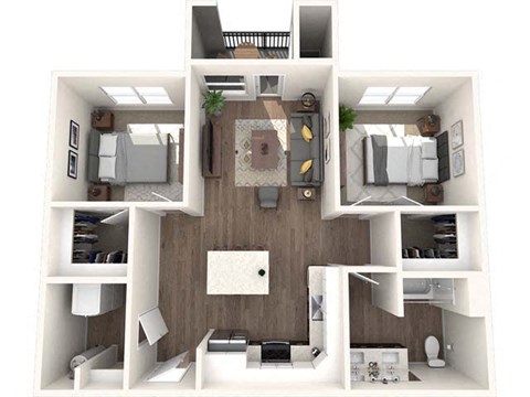 Floor plan for 2 beds, 1 bath, 802 sqft
