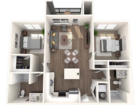 Floor plan for 2 beds, 2 baths, 954 sqft