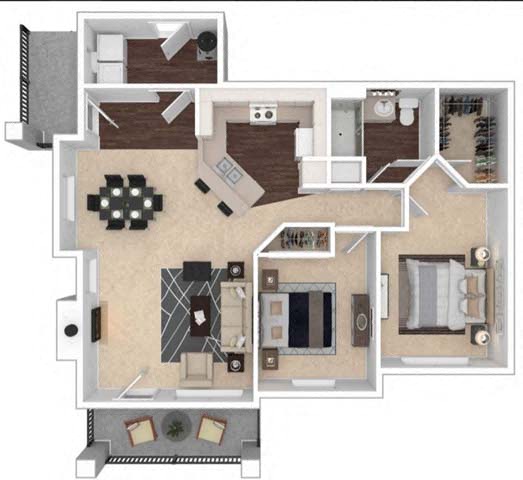 Floor plan for 2 beds, 1 bath, 989 sqft