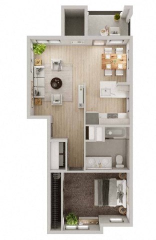 Floor plan for 1 bed, 1 bath, 728 sqft