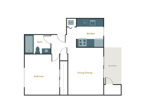 Floor plan for 1 bed, 1 bath, 577 sqft