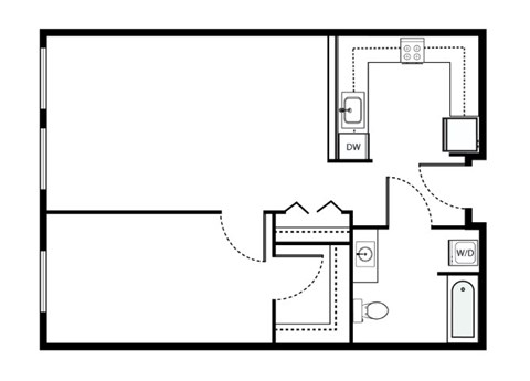 Floor plan for 1 bed, 1 bath, 665 sqft