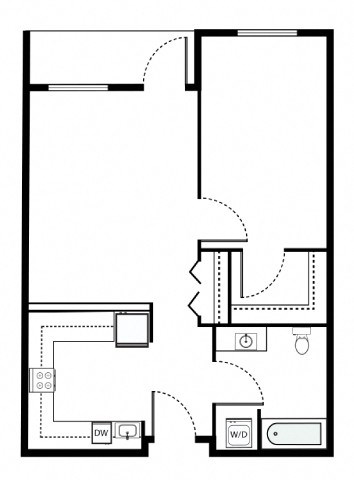 Floor plan for 1 bed, 1 bath, 627 sqft