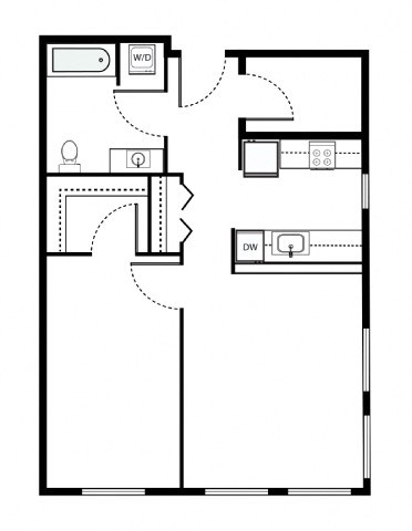 Floor plan for 1 bed, 1 bath, 743 sqft