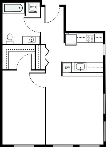Floor plan for 1 bed, 1 bath, 743 sqft