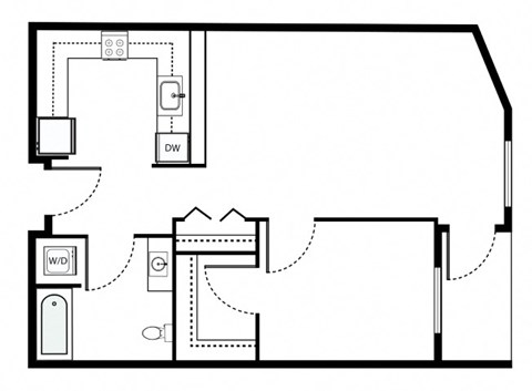 Floor plan for 1 bed, 1 bath, 729 sqft