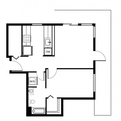 Floor plan for 1 bed, 1 bath, 791 sqft
