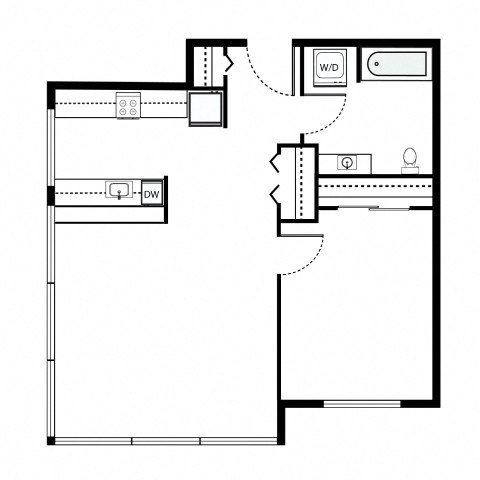 Floor plan for 1 bed, 1 bath, 799 sqft