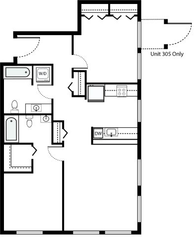 Floor plan for 2 beds, 2 baths, 1005 sqft