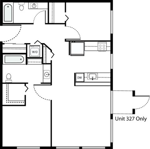 Floor plan for 2 beds, 2 baths, 979 sqft