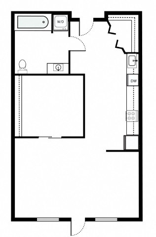 Floor plan for 1 bed, 1 bath, 633 sqft