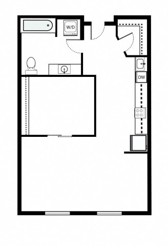 Floor plan for 1 bed, 1 bath, 605 sqft