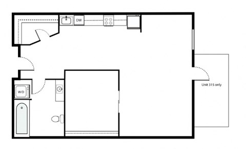 Floor plan for 1 bed, 1 bath, 635 sqft