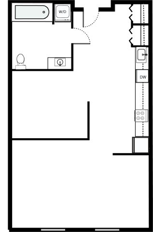 Floor plan for studio, 1 bath, 634 sqft