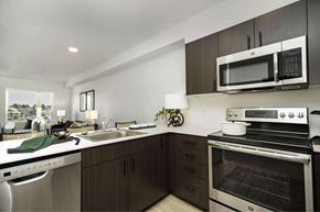 Seattle apartment for rent - A modern kitchen with dark wood cabinets and stainless steel appliances.