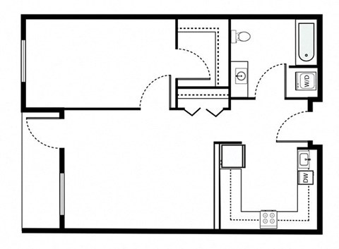 Floor plan for 1 bed, 1 bath, 638 sqft